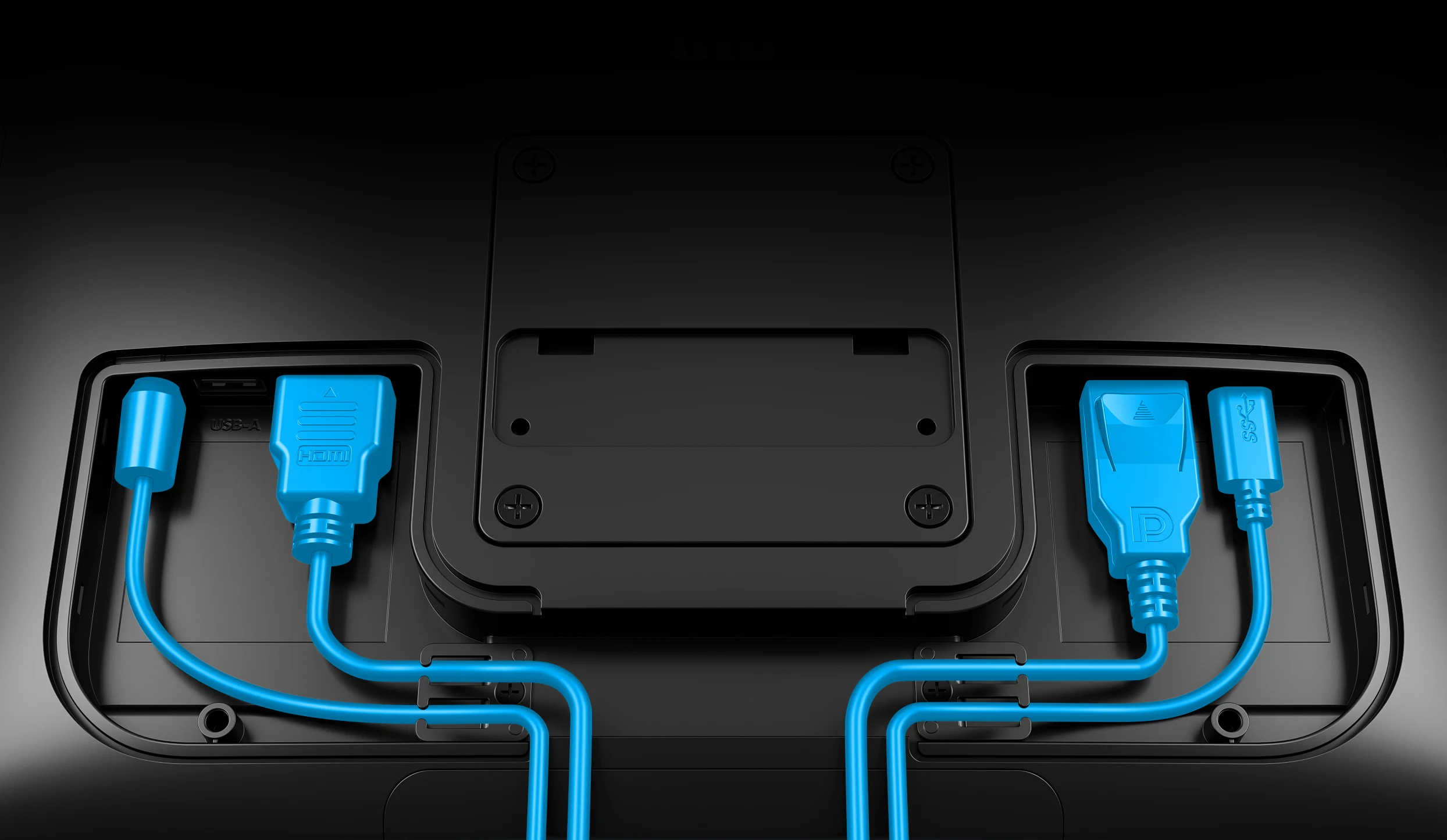 Image of locking port cover with 4 cables plugged into the touchscreen monitor