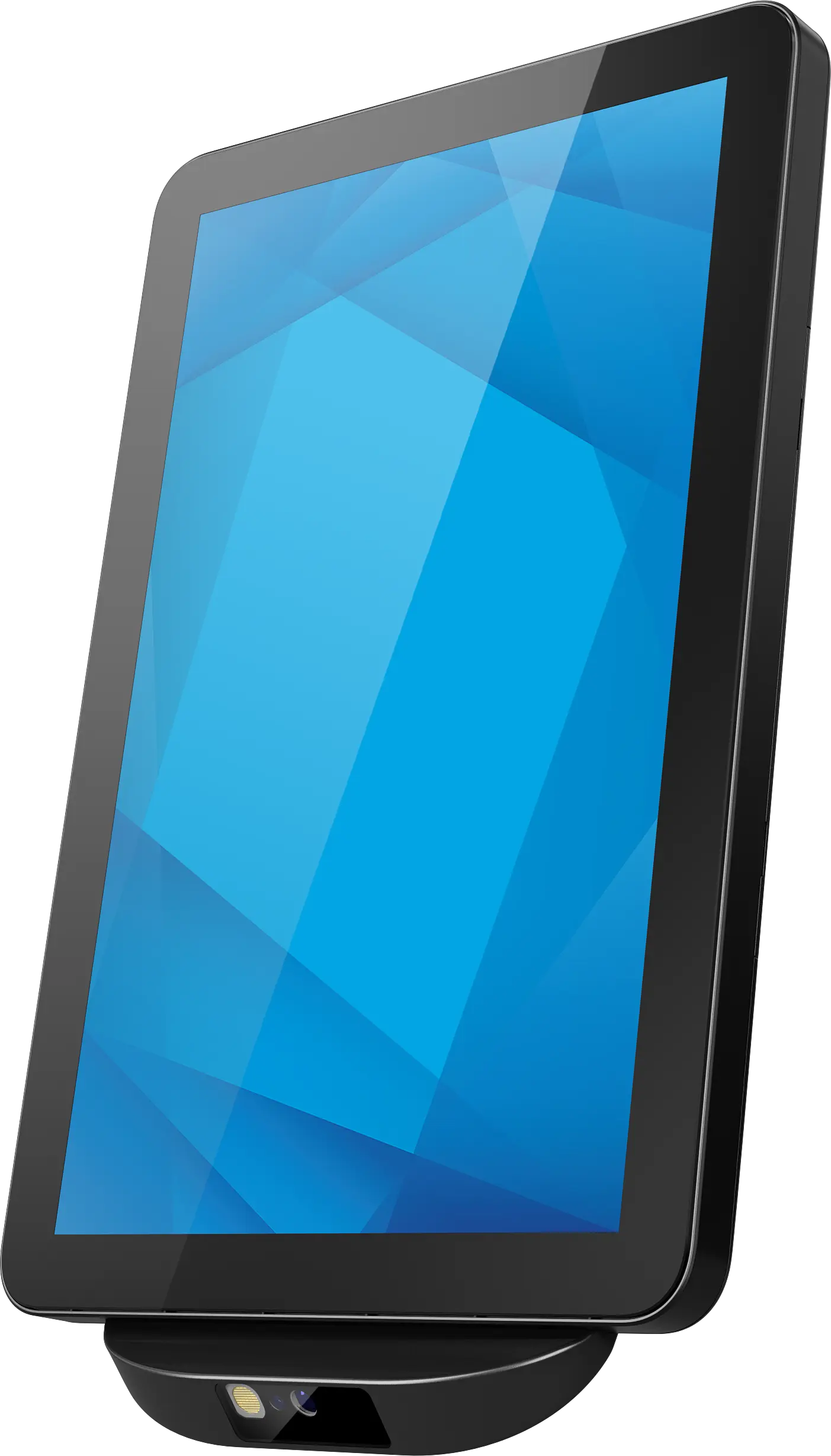 Image of 10-inch touchscreen monitor with a 2D-barcode scanner attached at the bottom
