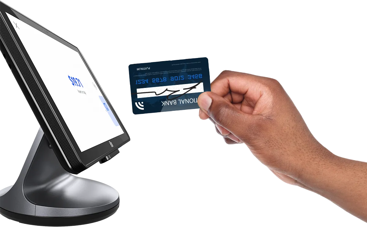 Image of credit card tapping the 10” screen on the Elo Pay 10” POS system