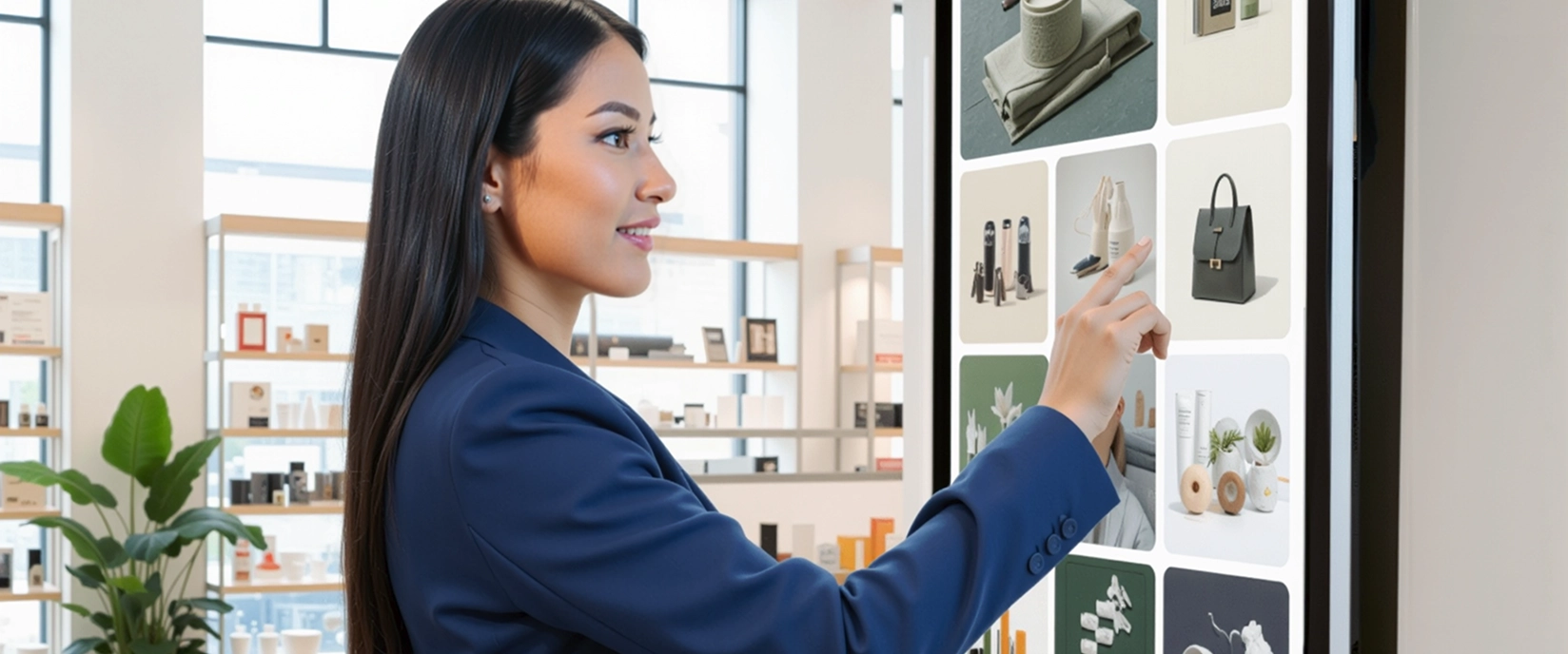 Shopper using an interactive touchscreen display to browse extended inventory through an endless aisle solution in a retail store