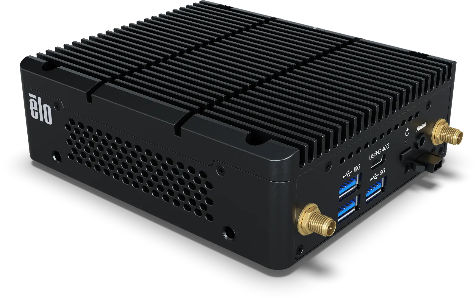 Close-up view of the Elo Backpack's connectivity ports including USB-C, HDMI, Ethernet, and Wi-Fi antennas.