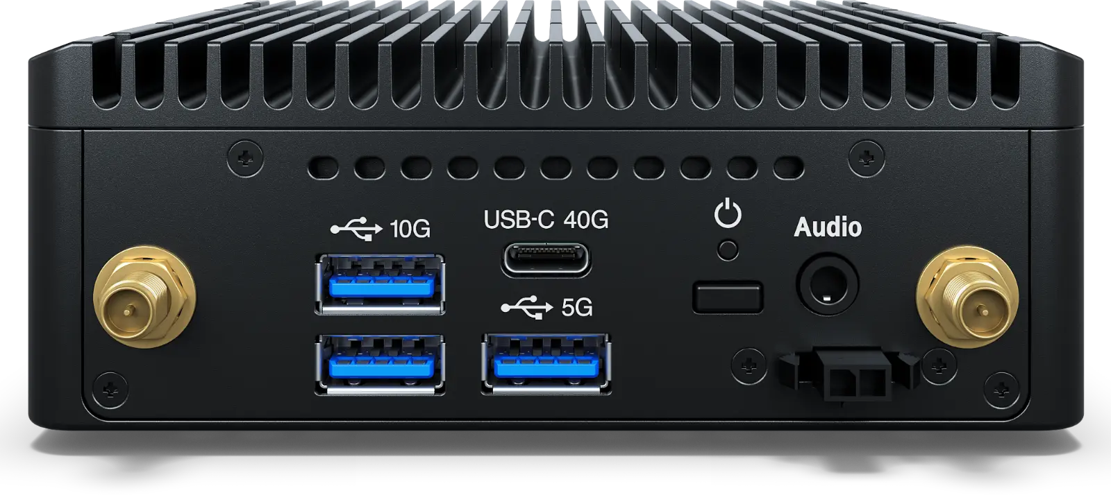 Front view of the Elo Backpack with Intel showing compact design, USB, and audio connectivity ports.