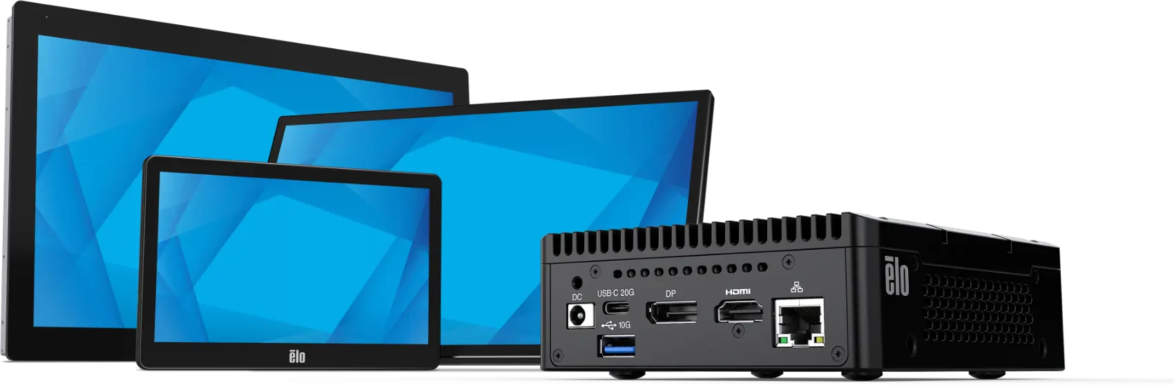 Elo Backpack with Intel connected to multiple Elo touchscreen monitors, creating a scalable Windows POS and signage solution.