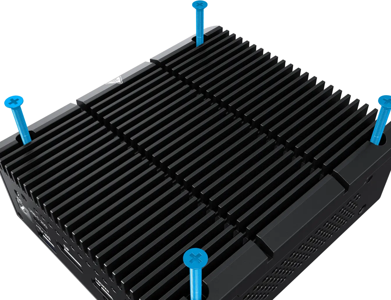 Elo Backpack Mini PC secured with blue screws using universal VESA mount for kiosk and counter integration.