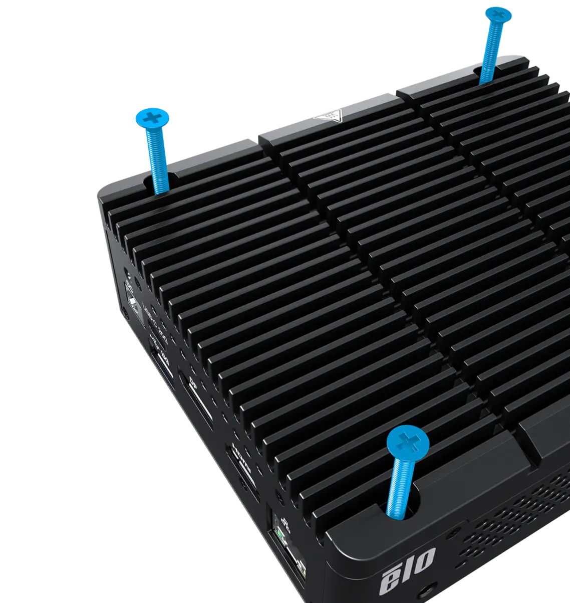Elo Backpack Mini PC secured with blue screws using universal VESA mount for kiosk and counter integration.
