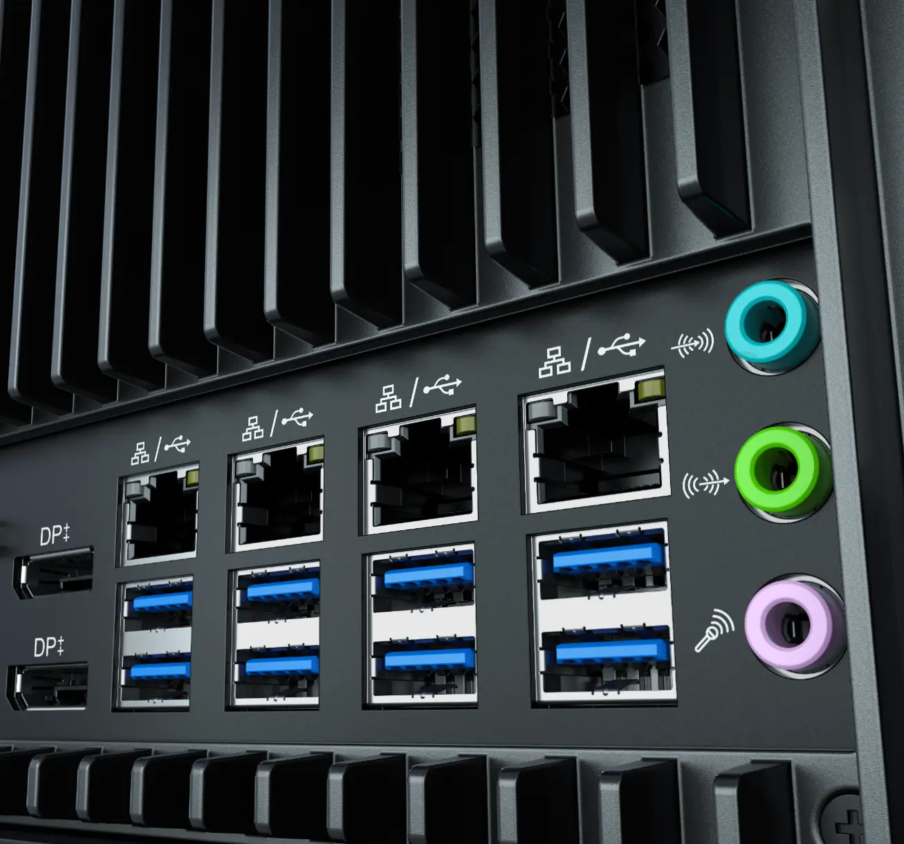 Rear panel close-up view of the Elo AI Edge Pack showing I/O ports for networking, USB, audio, and device connectivity across edge applications.