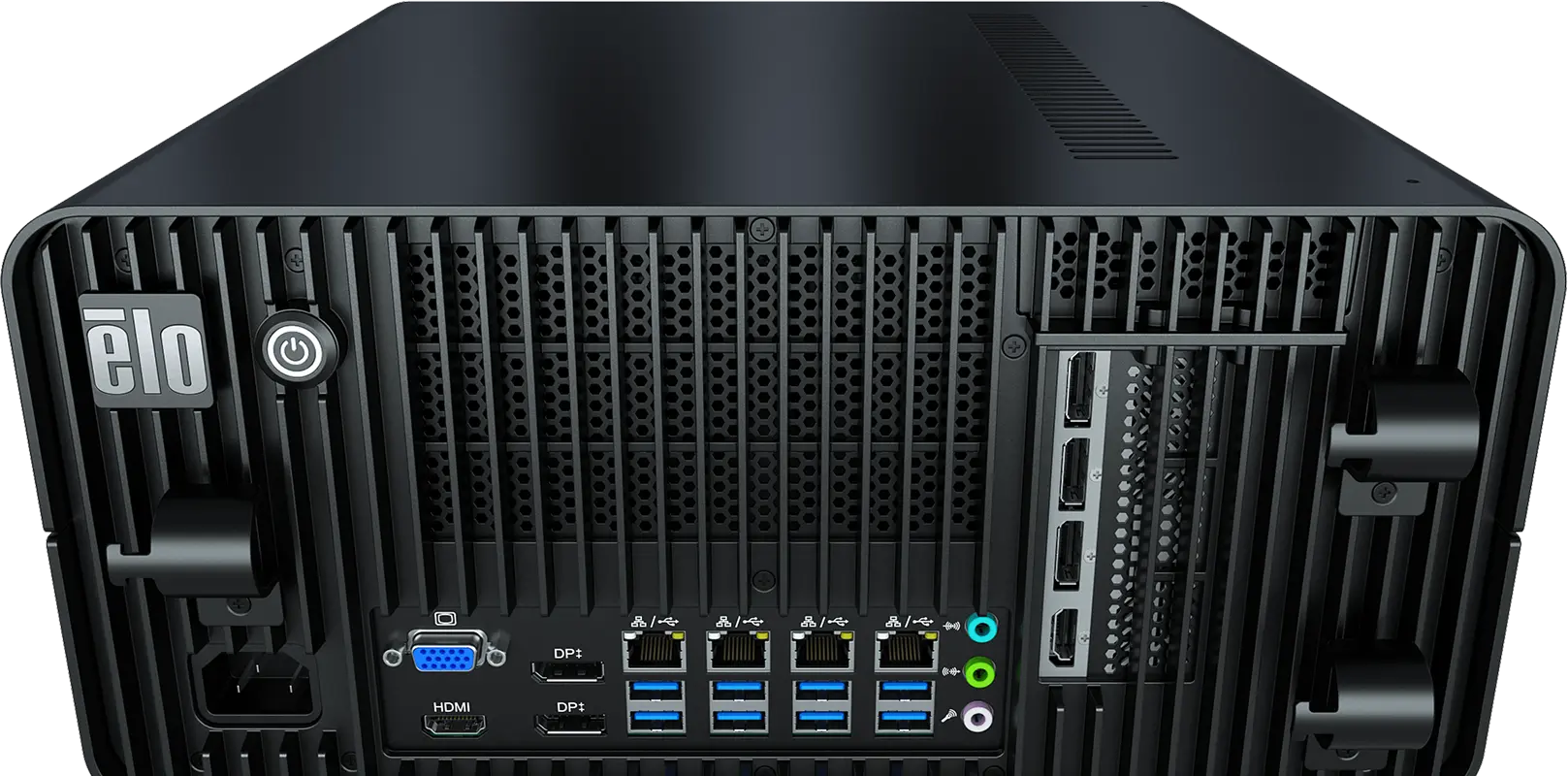 Back view of the Elo AI Edge Pack featuring multiple USB, network, and expansion ports enabling flexible data processing configurations.