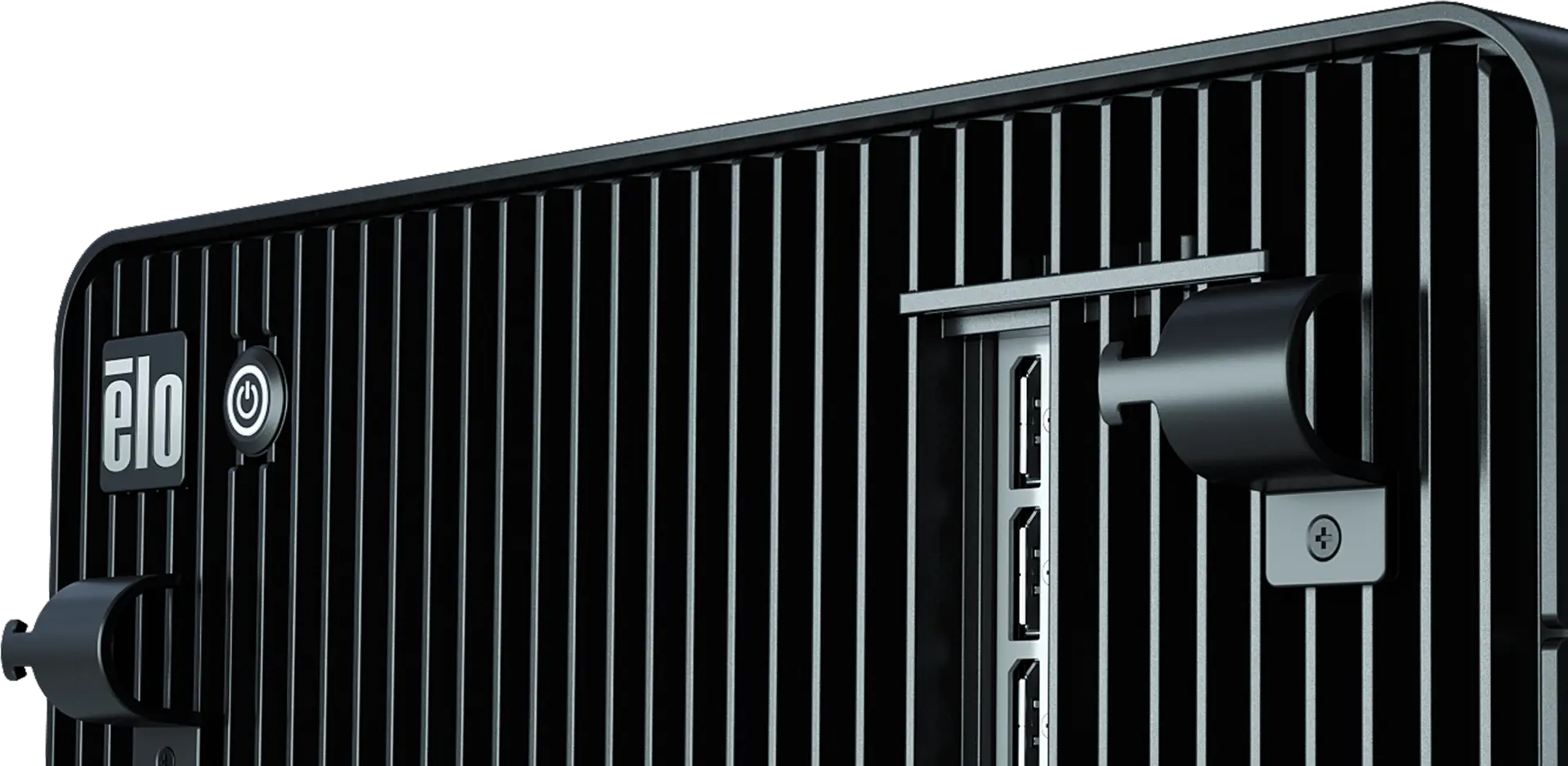 Angled close-up view of the Elo AI Edge Pack highlighting ports and design for secure, cost-efficient, edge-optimized operations.