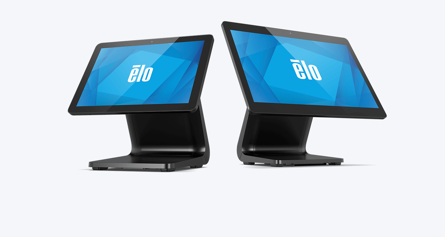 Image of two EloPOS Z20 point-of-sale systems showing the employee-facing display sides