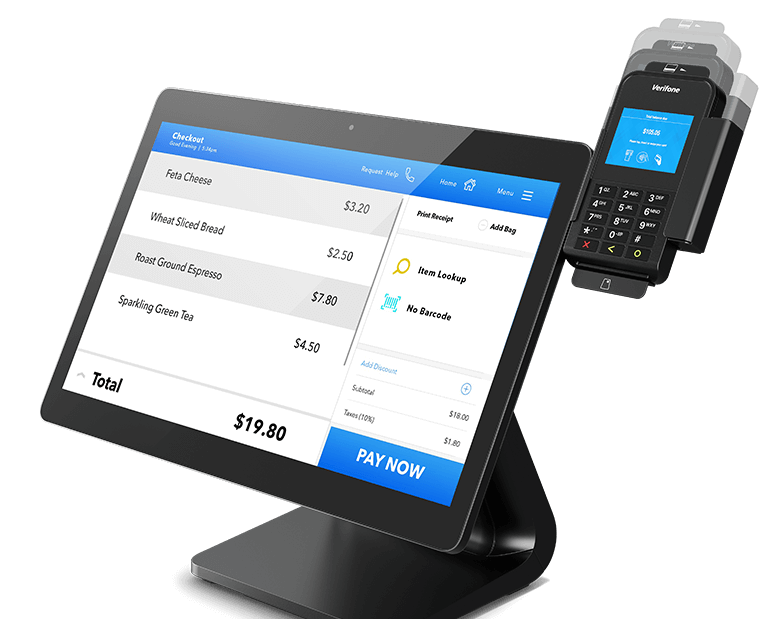 Image of an EloPOS Z20 with a payment terminal attached