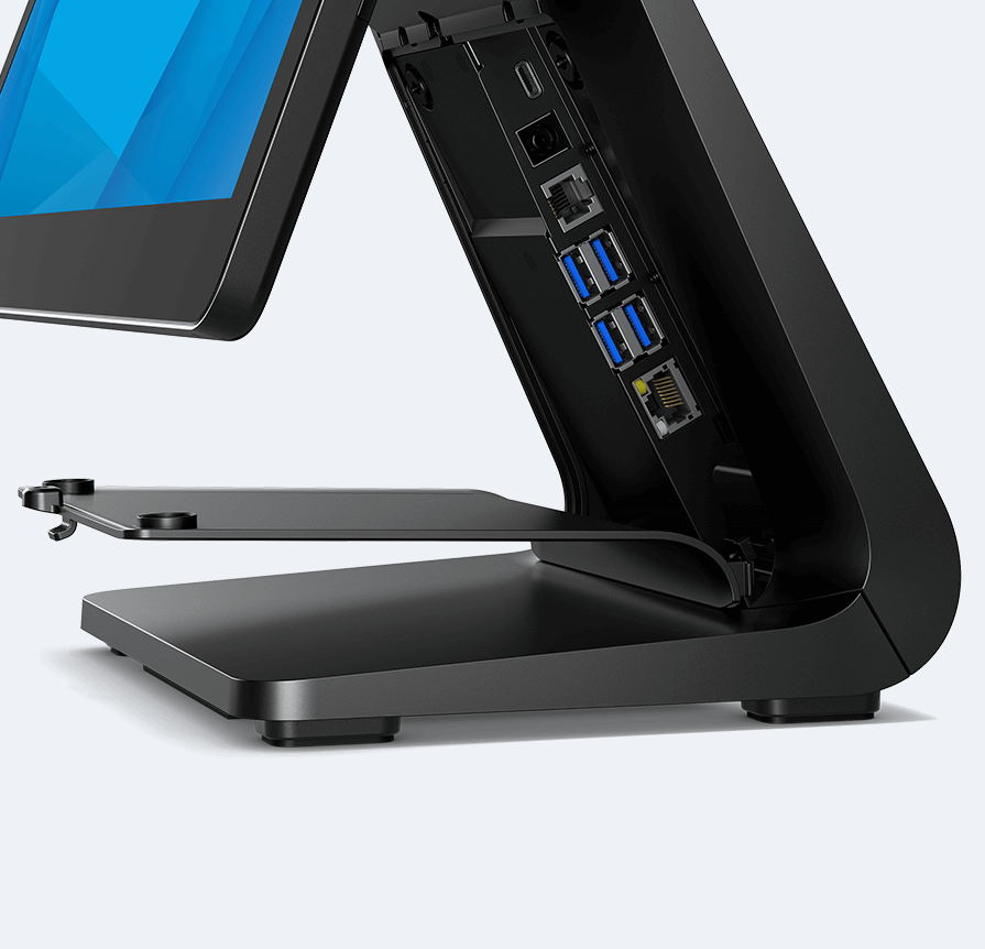 Image of an EloPOS Z20 system displaying a variety of input/output ports