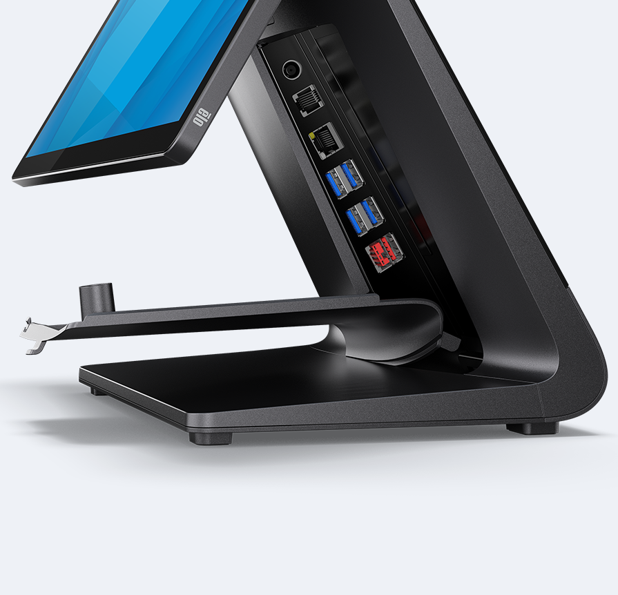 Image of an EloPOS Z30 system displaying a variety of input/output ports