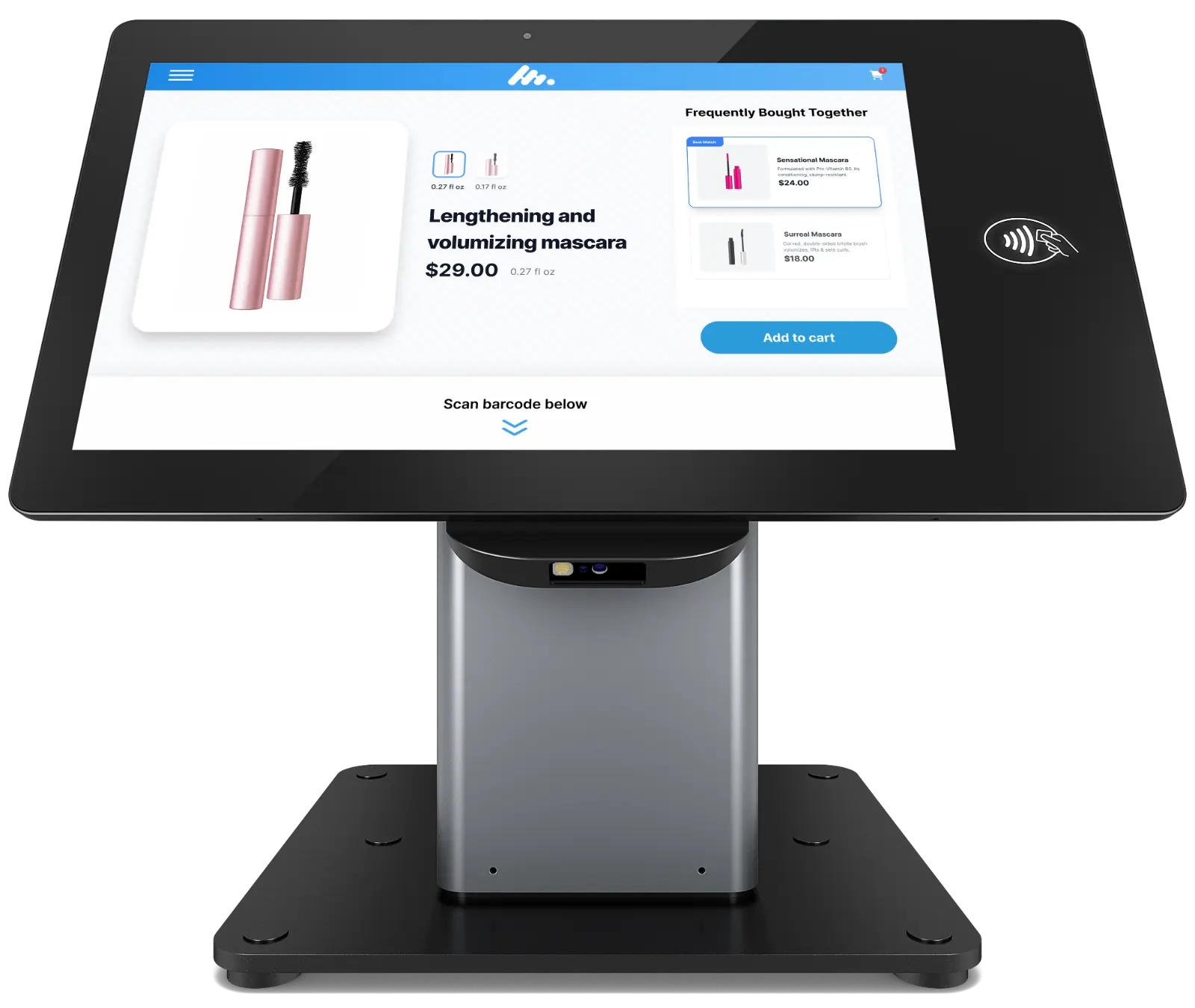 Elo Tap to Pay terminal on a slim self-service stand displaying product details, with a barcode scanner mounted below the display.