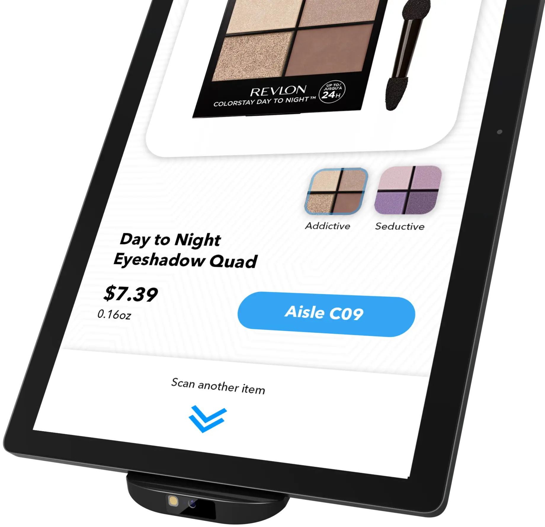 Retail endless aisle touchscreen displaying product search results that allow customers to browse extended inventory beyond what is available on store shelves.