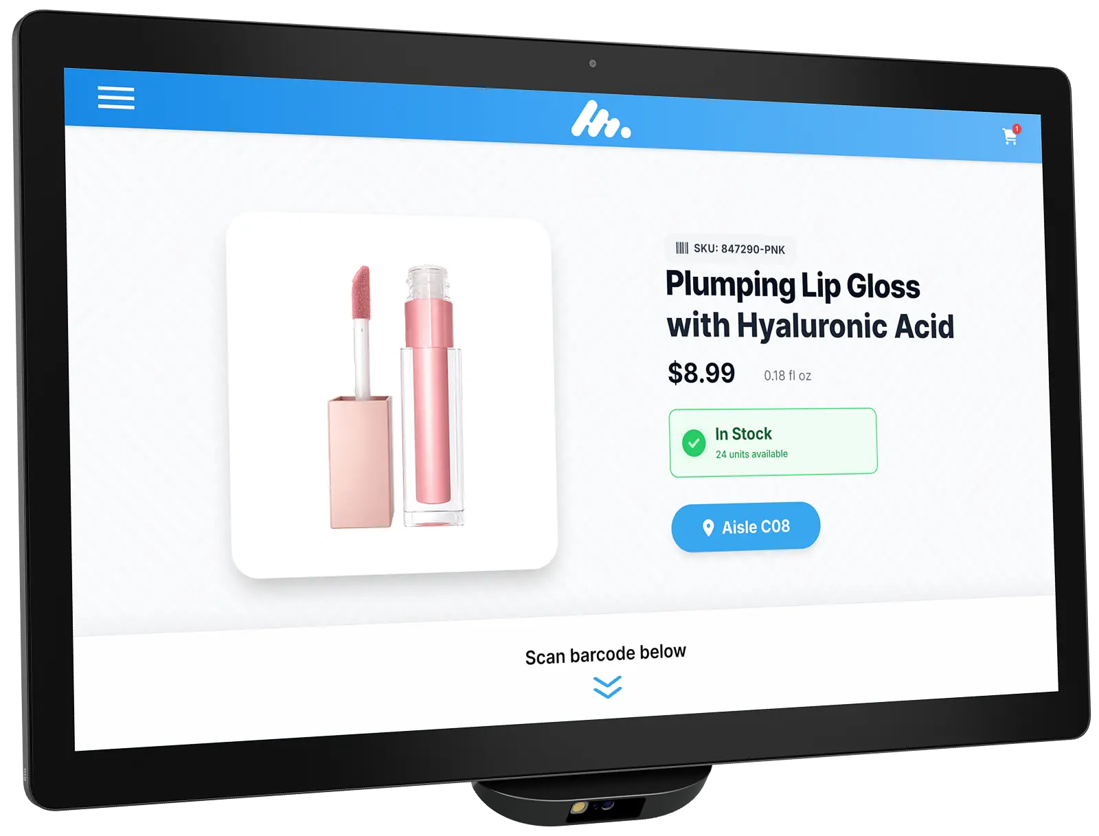 Touchscreen retail display showing a product information page for a lip gloss item with price, stock availability, and aisle location displayed on the screen.