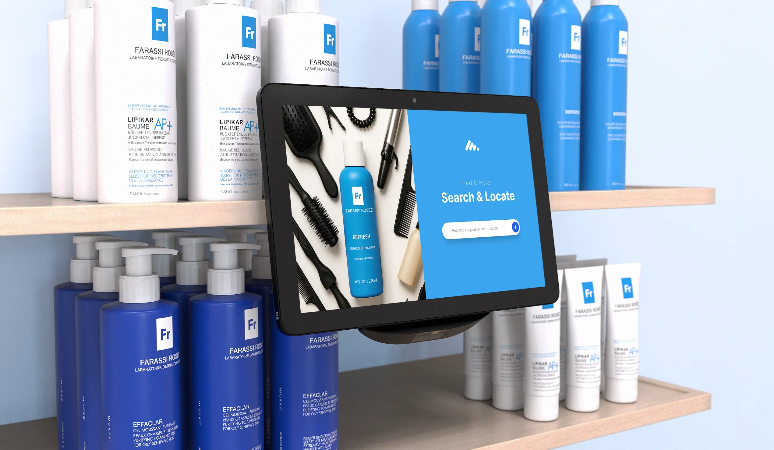 Elo retail price checker touchscreen mounted in front of store shelves displaying a product search interface for customers to check prices and product details.
