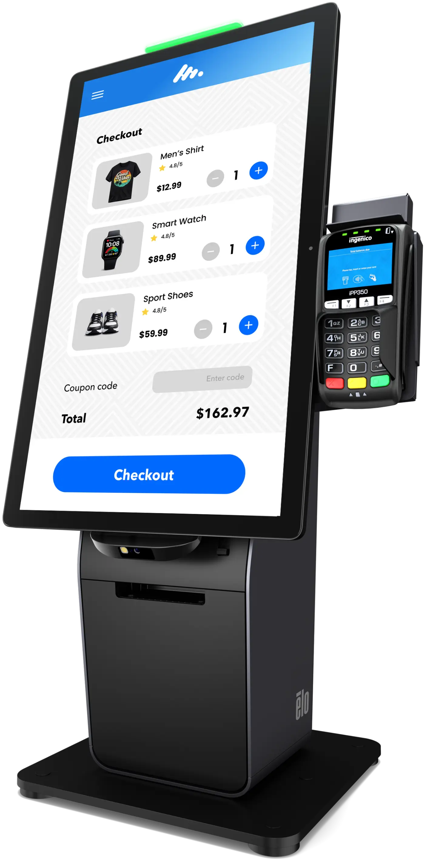 Self-checkout touchscreen kiosk mounted on a Wallaby Pro stand displaying a "Tap to start" checkout screen with a product image, featuring an attached payment terminal and built-in barcode scanner below the display.
