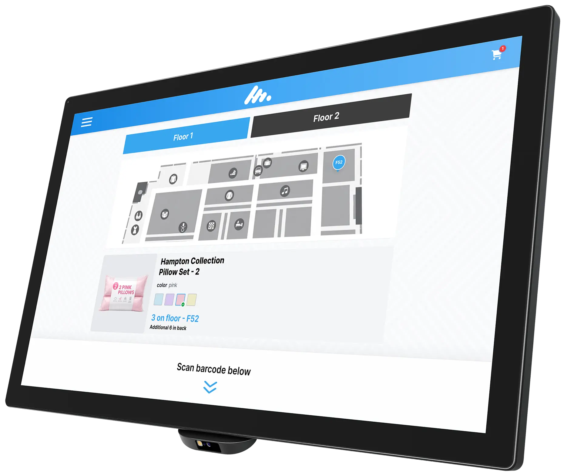 Touchscreen retail display showing a store map with floor navigation and product location details to help shoppers find items inside the store.