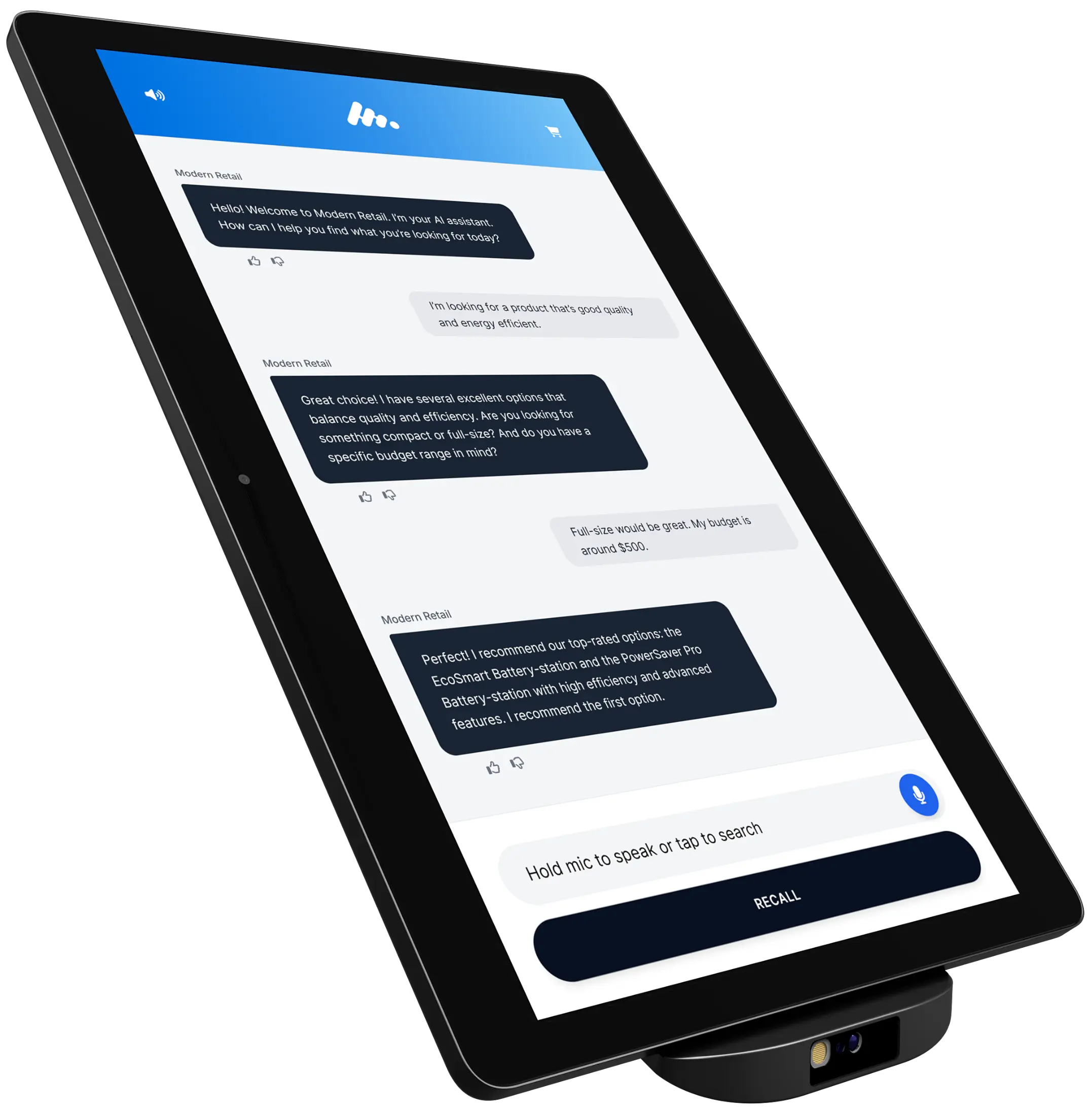 Angled touchscreen retail kiosk displaying a virtual assistant chat interface with conversation messages between a shopper and a digital assistant helping with product questions.