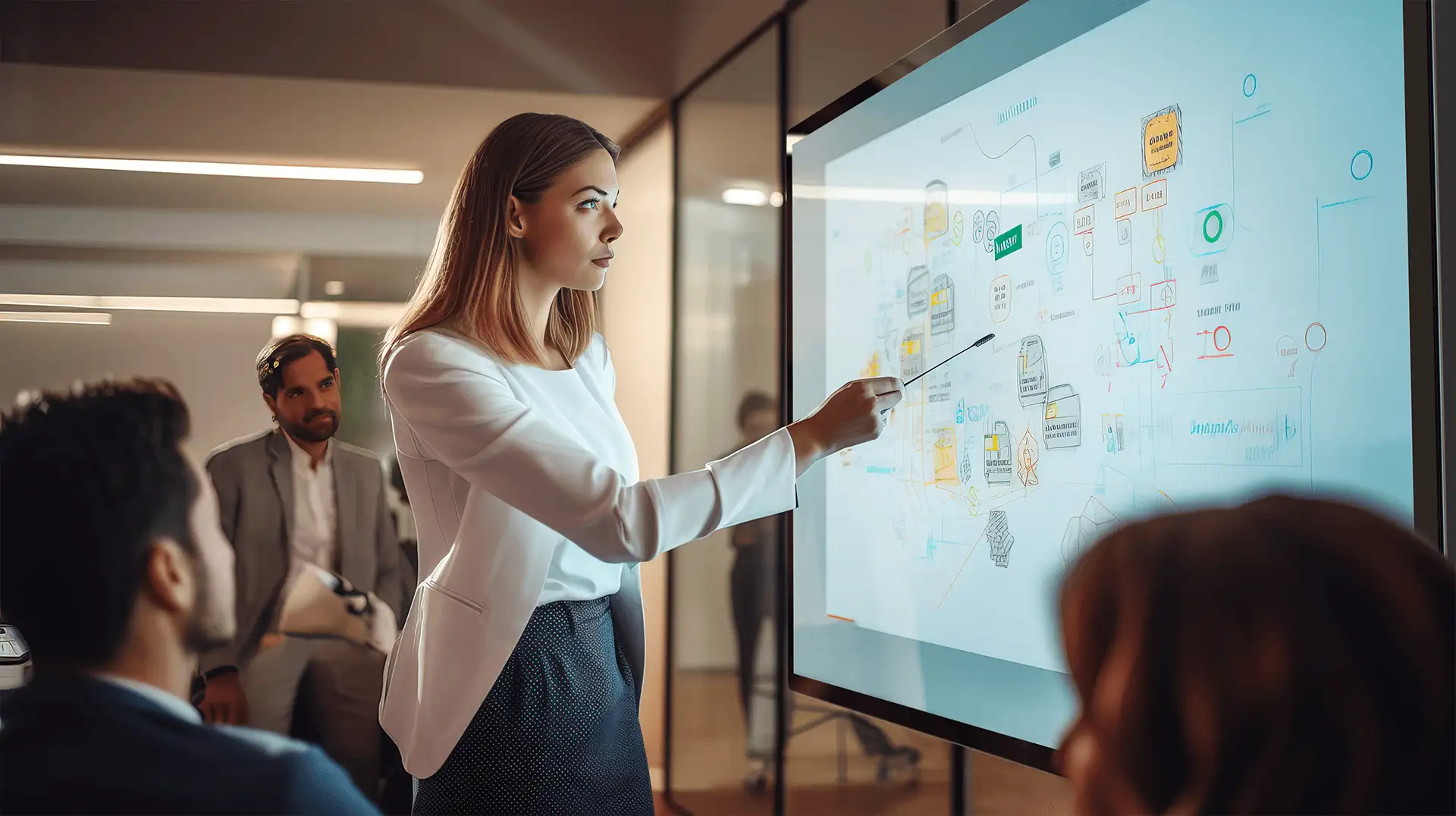 Engaged Presentation with Interactive Display Woman standing and interacting with large touchscreen during presentation