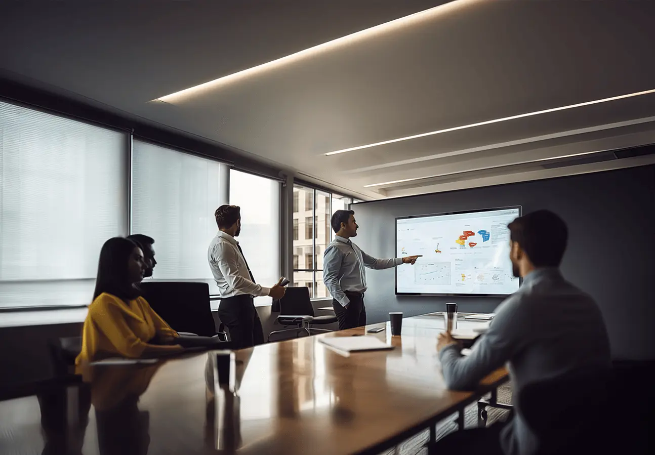 Interactive Display Solutions for Corporate Offices Modern office environment with employees using Elo touchscreen displays for collaboration