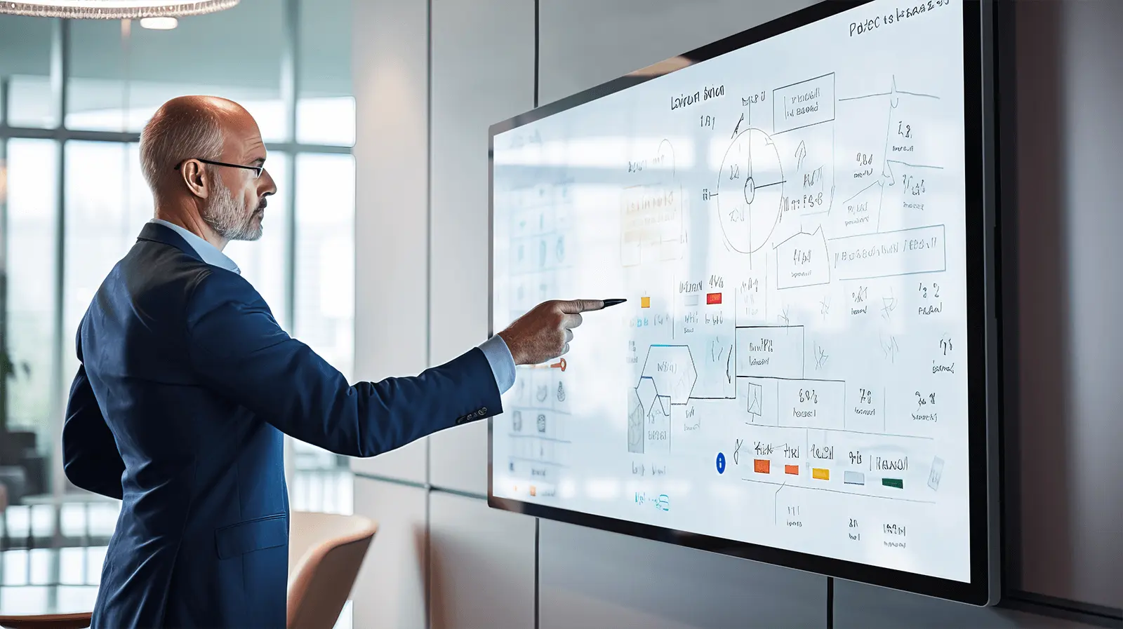 Interactive Whiteboards for Team Collaboration Employee pointing to an Elo interactive whiteboard during a brainstorming session