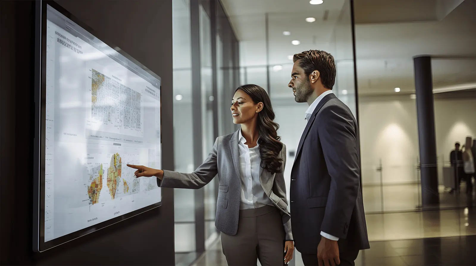 Touchscreen Signage for Office Visitors Male and female visitors using digital touchscreen display for office navigation