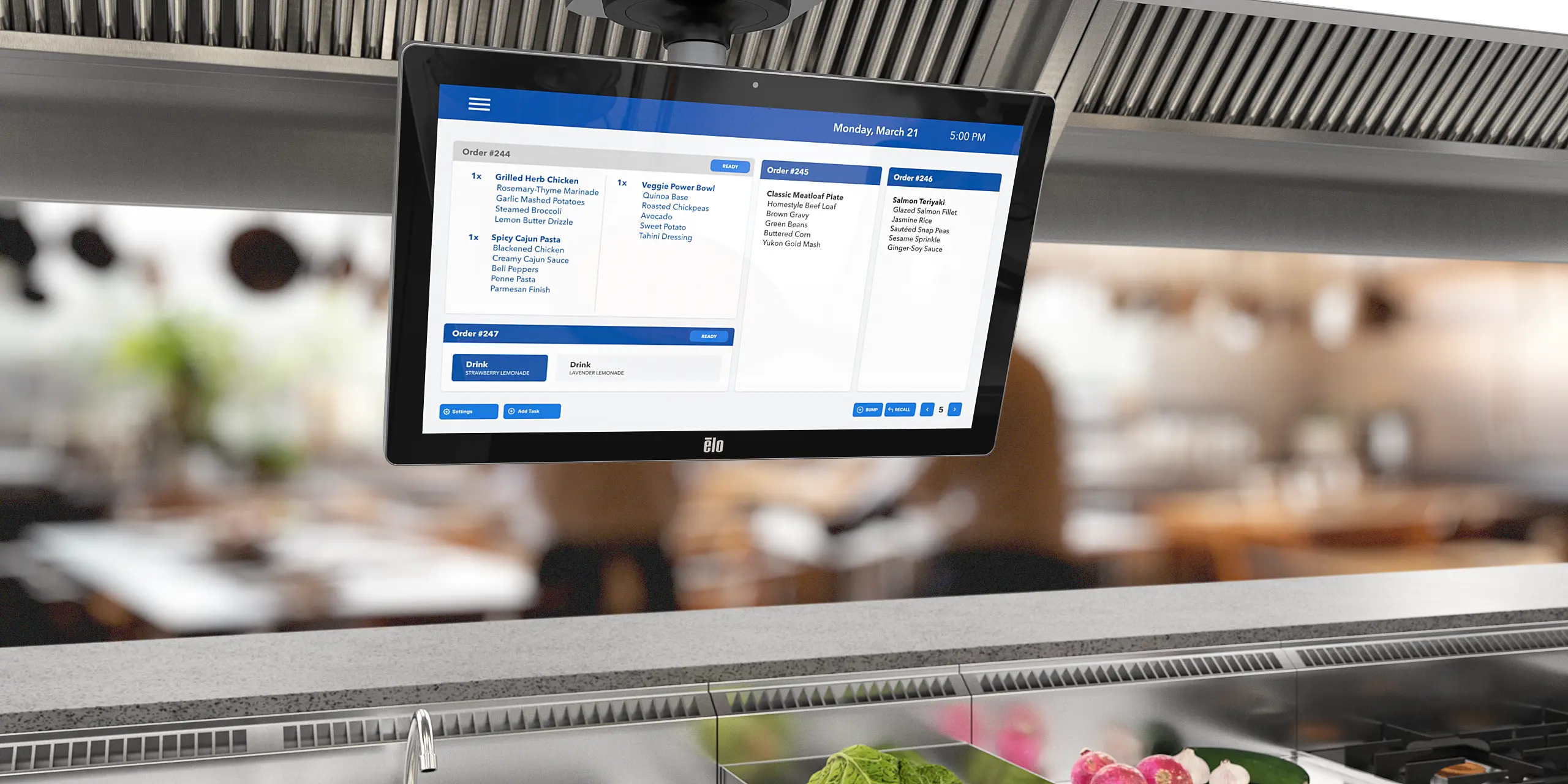 Durable kitchen display system for harsh environments Image of an all-in-one kitchen touchscreen hardware mounted in a commercial kitchen setup