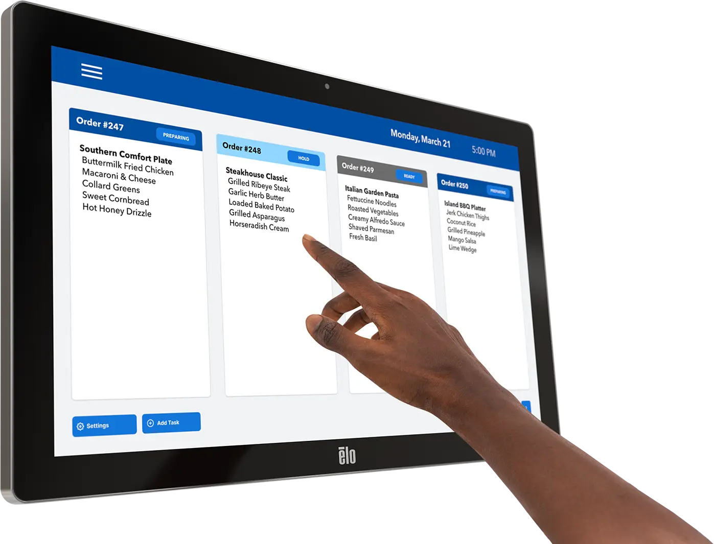 Touchscreen order management for restaurants Image of a person using Elo touchscreen KDS to manage kitchen orders and improve back-of-house communication