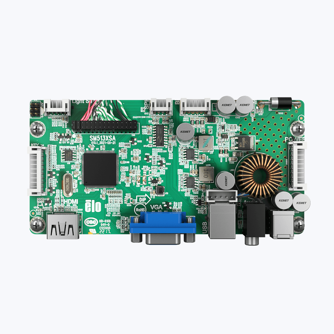 Driver boards and cables for system integration Green video driver board with ports and connectors, designed for standard or custom touchscreen system configurations with compatible cables.