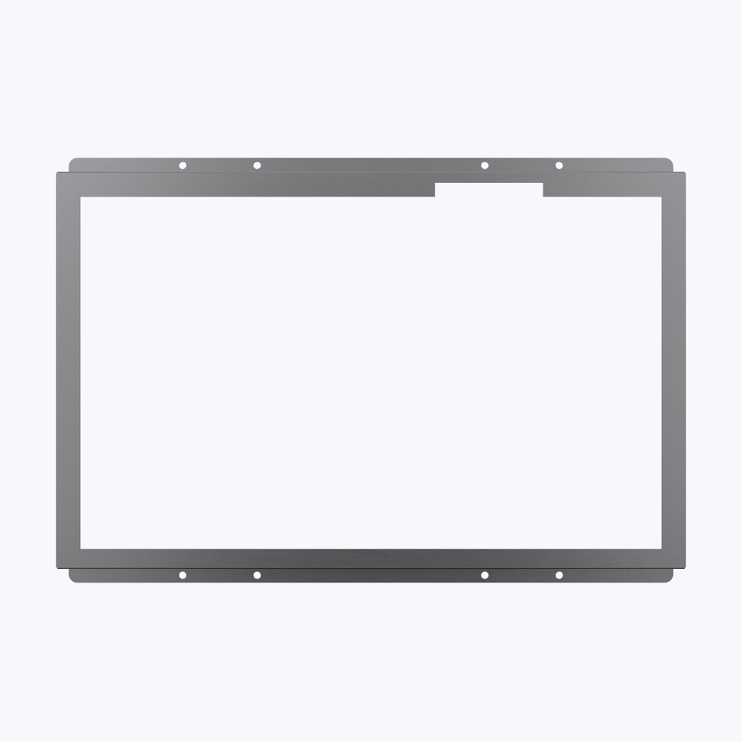Precision-engineered mounting brackets for seamless display integration Black rectangular mounting bracket designed for touchscreen enclosures, featuring multiple screw holes for secure and precise system integration.