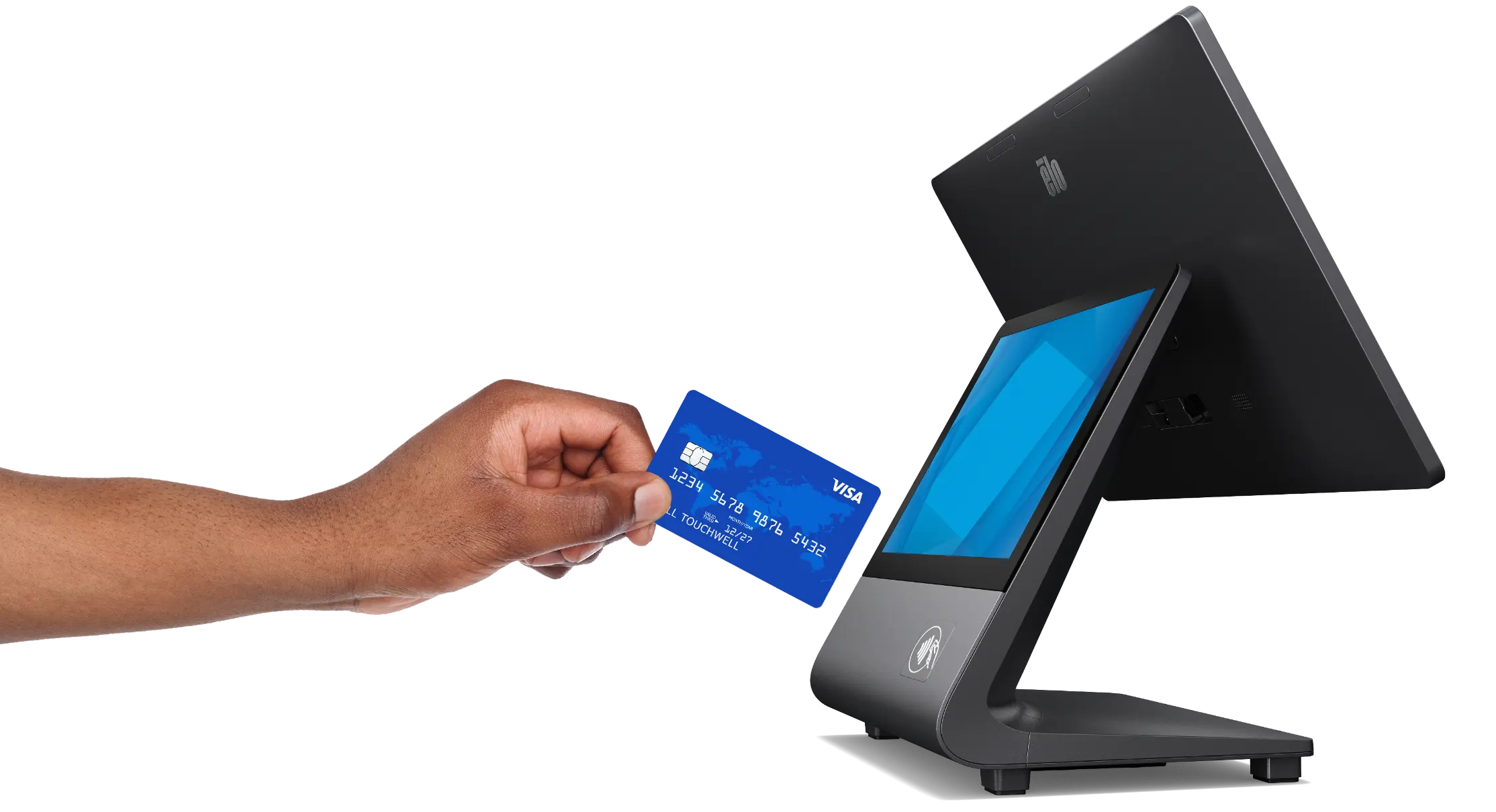 Person tapping a credit card on the Elo Pay Z30 Android POS terminal featuring integrated NFC for contactless payments.