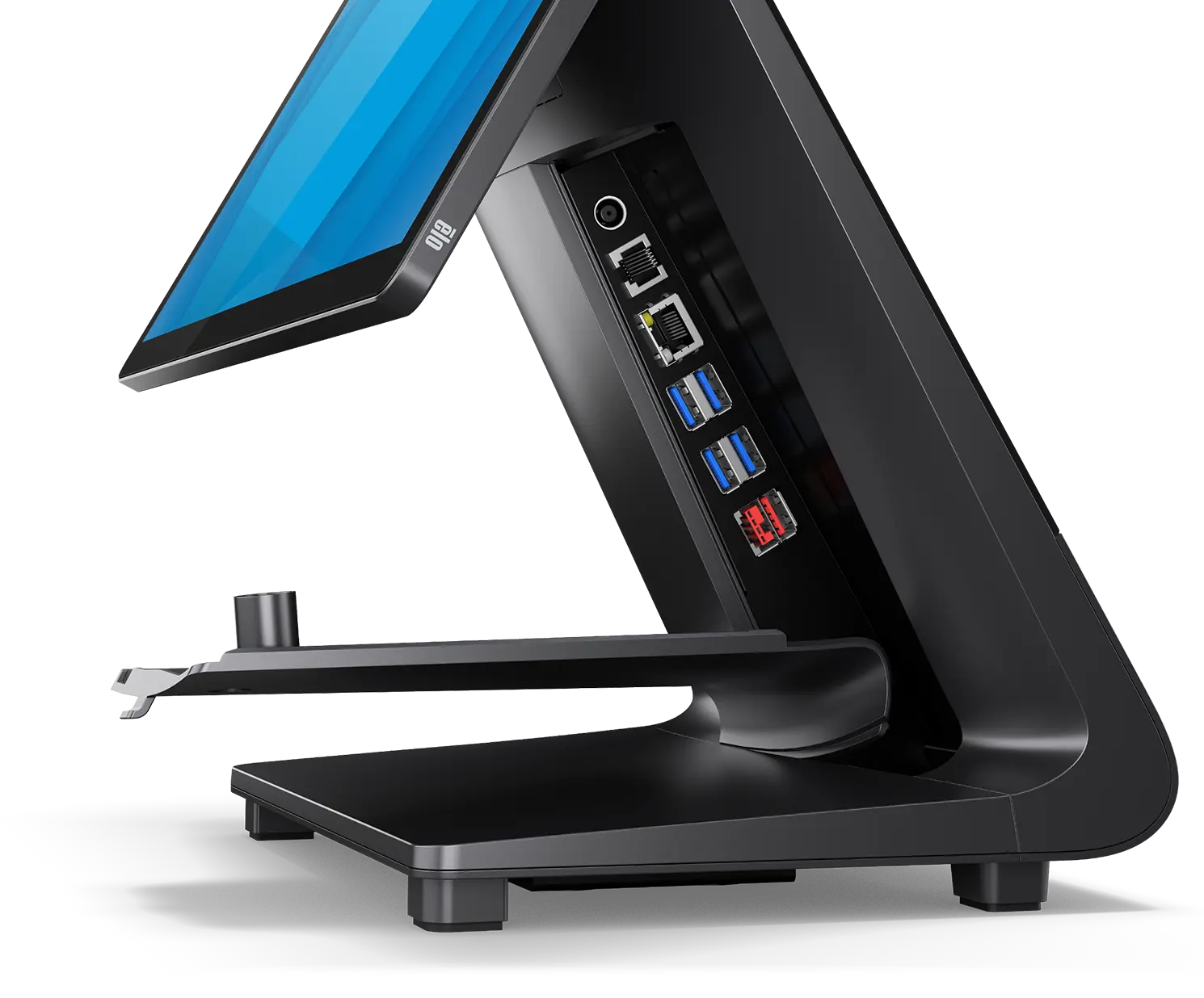 Side view of the Elo Pay Z30 showing integrated input/output ports for peripherals and accessories.