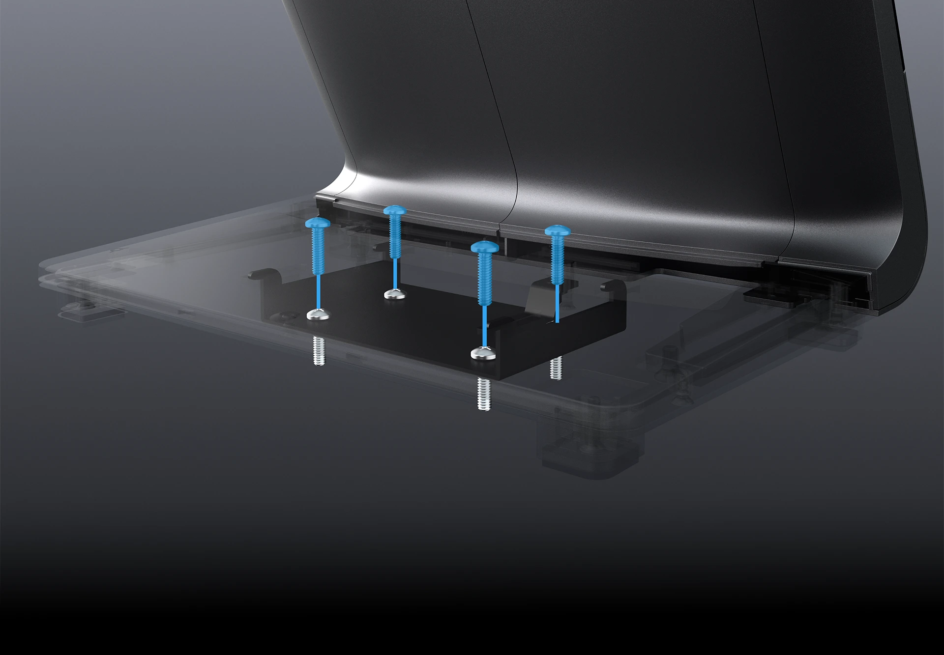 Underside view of Elo Pay Z30 POS mounted securely with four screws to a countertop with locking hardware.